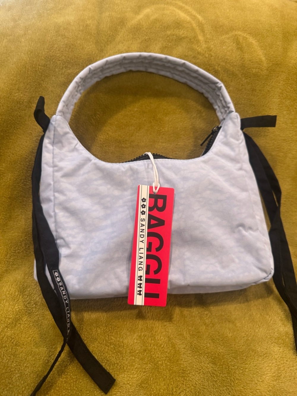 Sandy Liang Pale Blue Shoulder Bag with Black Ribbon Accents